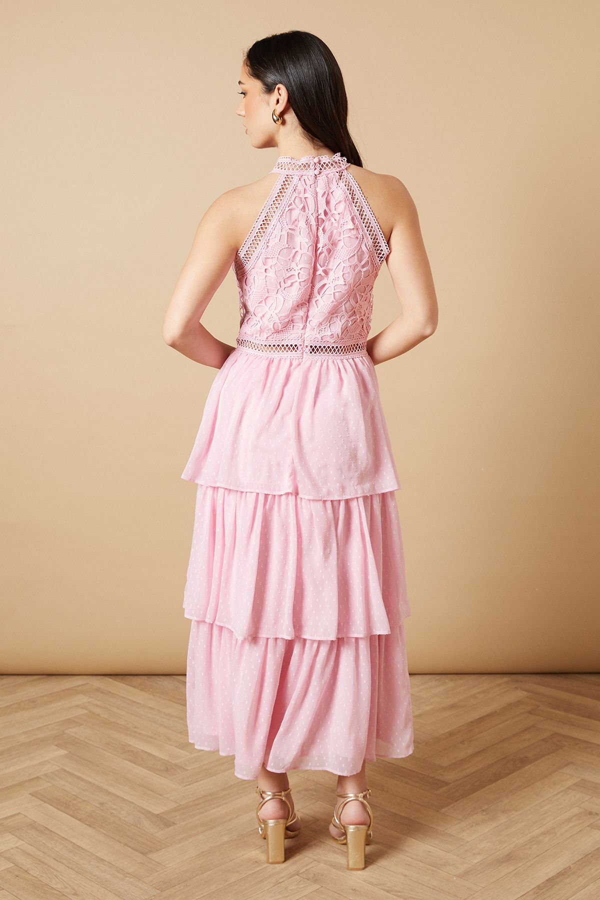 Oasis Lace Tiered Halterneck Midi Dress Pink image 3