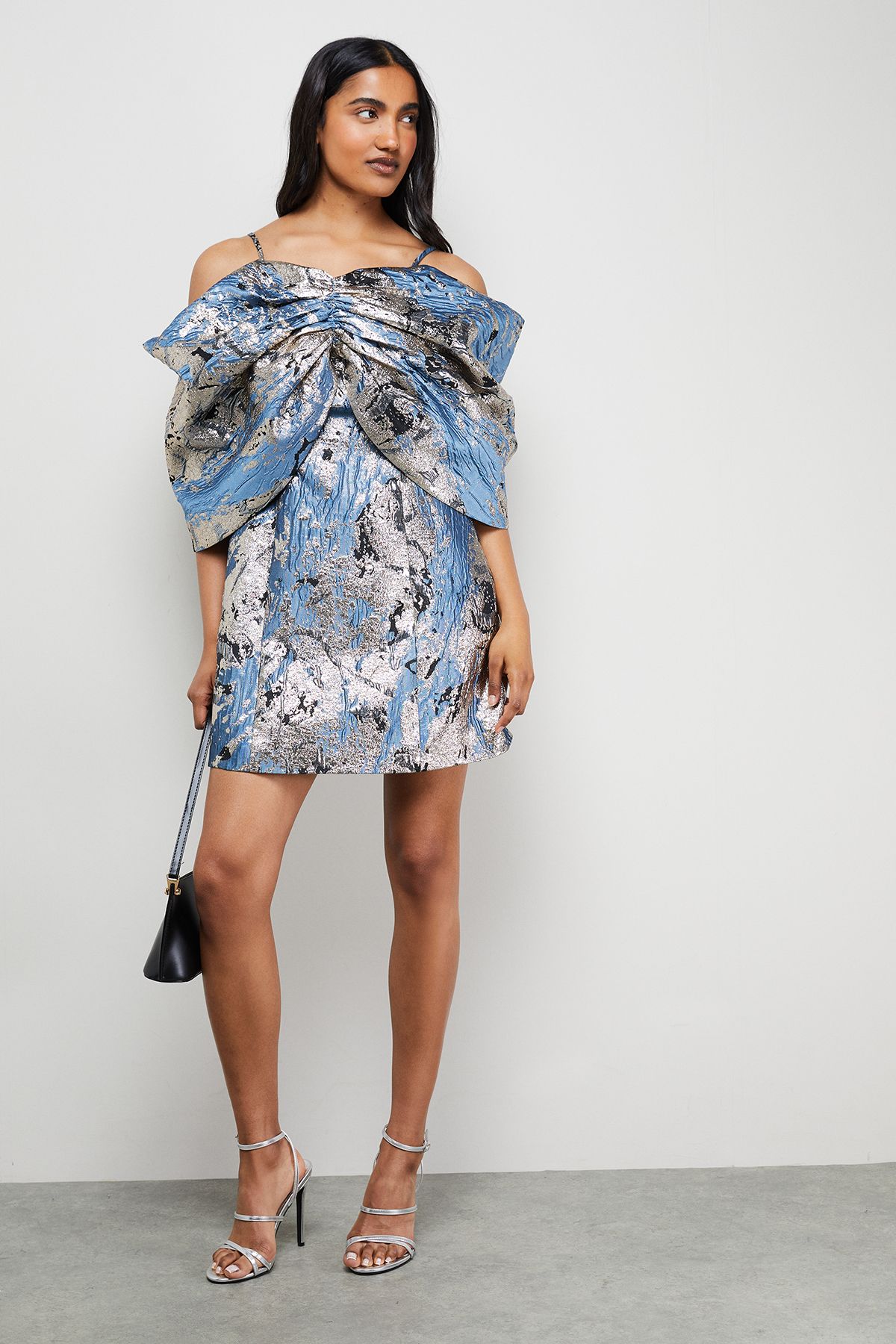Warehouse Metallic Jacquard Dramatic Sleeves Mini Dress Blue image 2