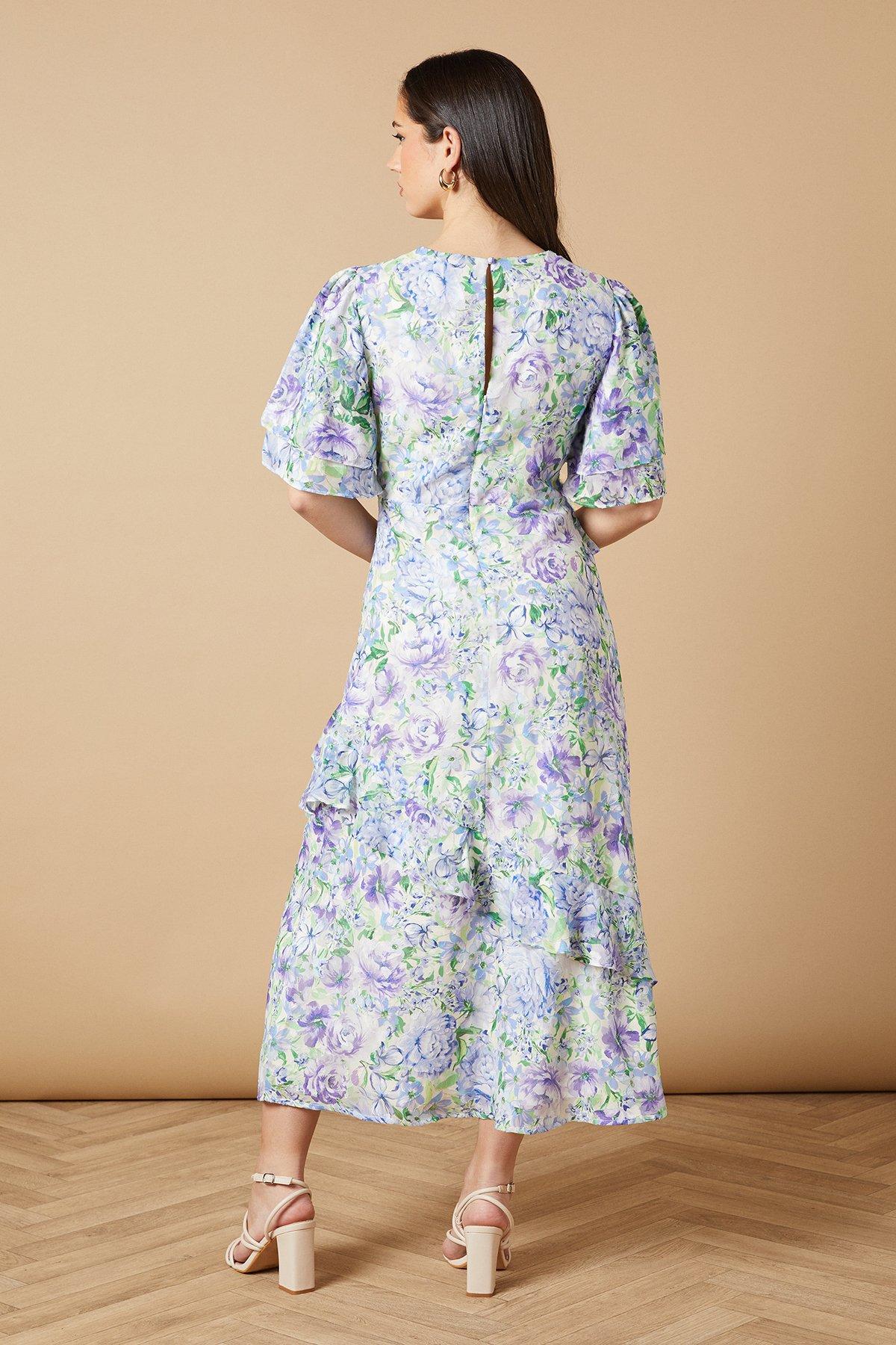 Oasis Occasion Floral Asymmetric Ruffle Jacquard Midi Dress Blue image 4