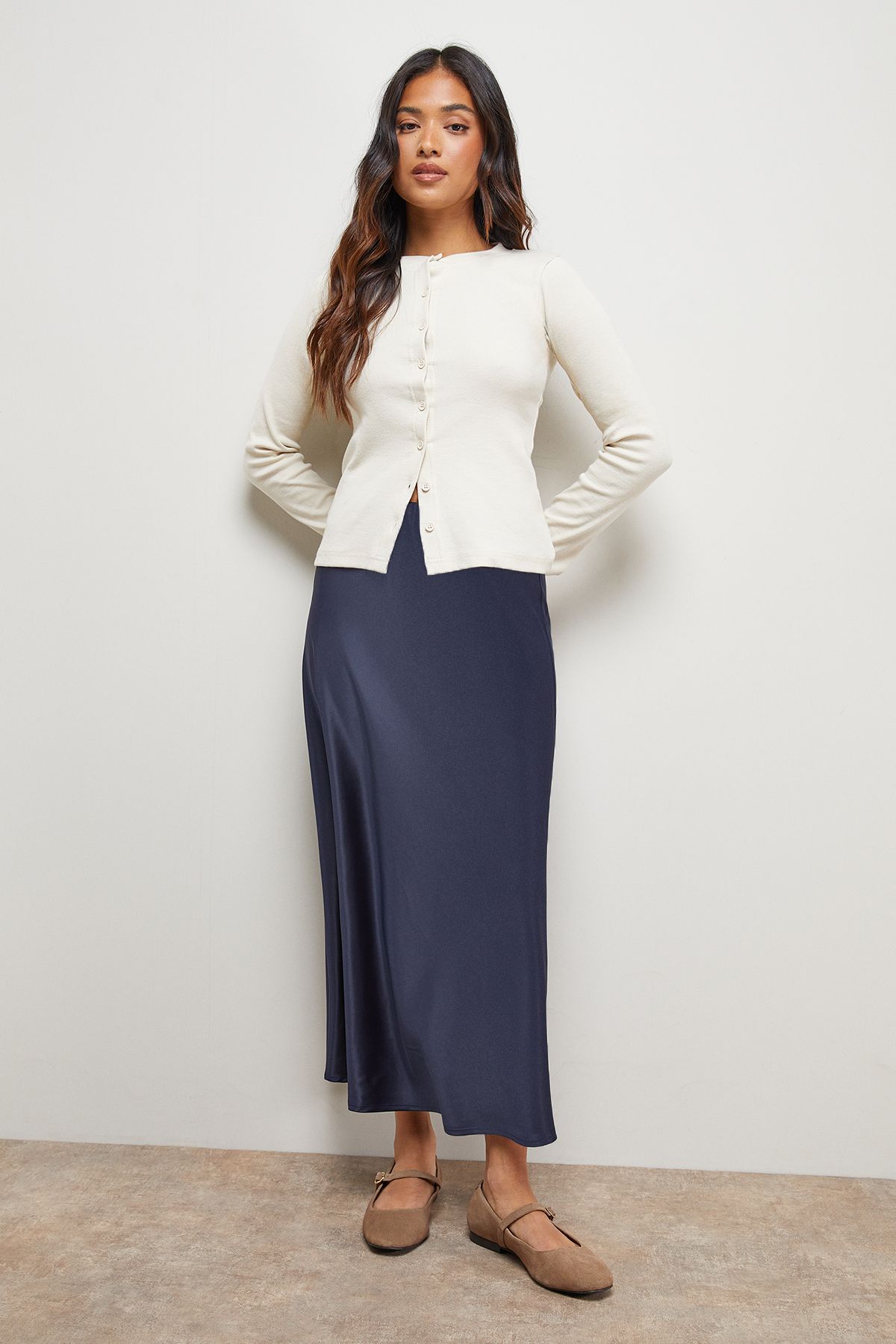 Oasis Petite Satin Bias Cut Midi Skirt Navy image 1