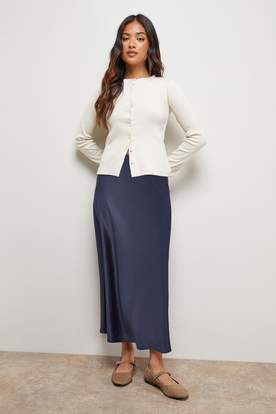Oasis Petite Satin Bias Cut Midi Skirt Navy