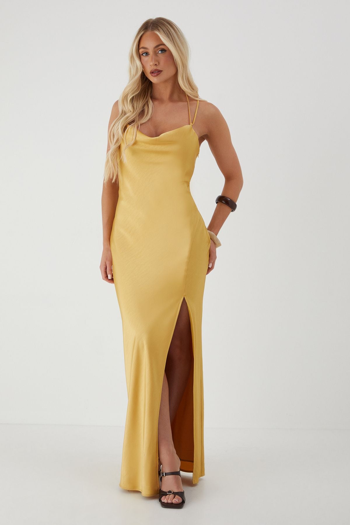 MissPap Satin Cowl Split Leg Maxi Dress Yellow image 1