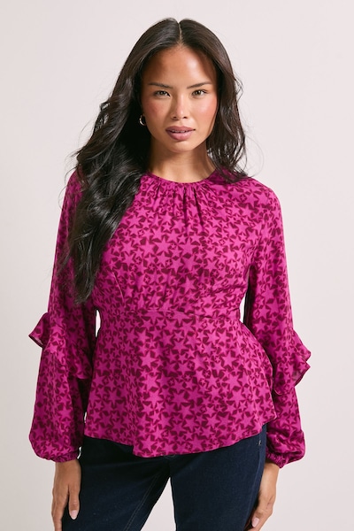 Dorothy Perkins Ruffle Blouson Sleeve Empire Seam Blouse Berry
