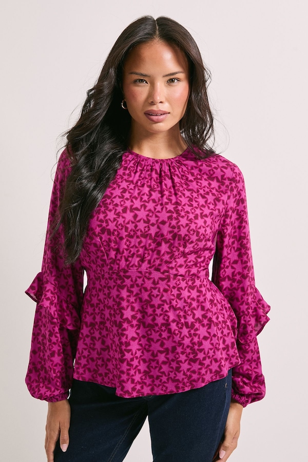 Dorothy Perkins Ruffle Blouson Sleeve Empire Seam Blouse Berry