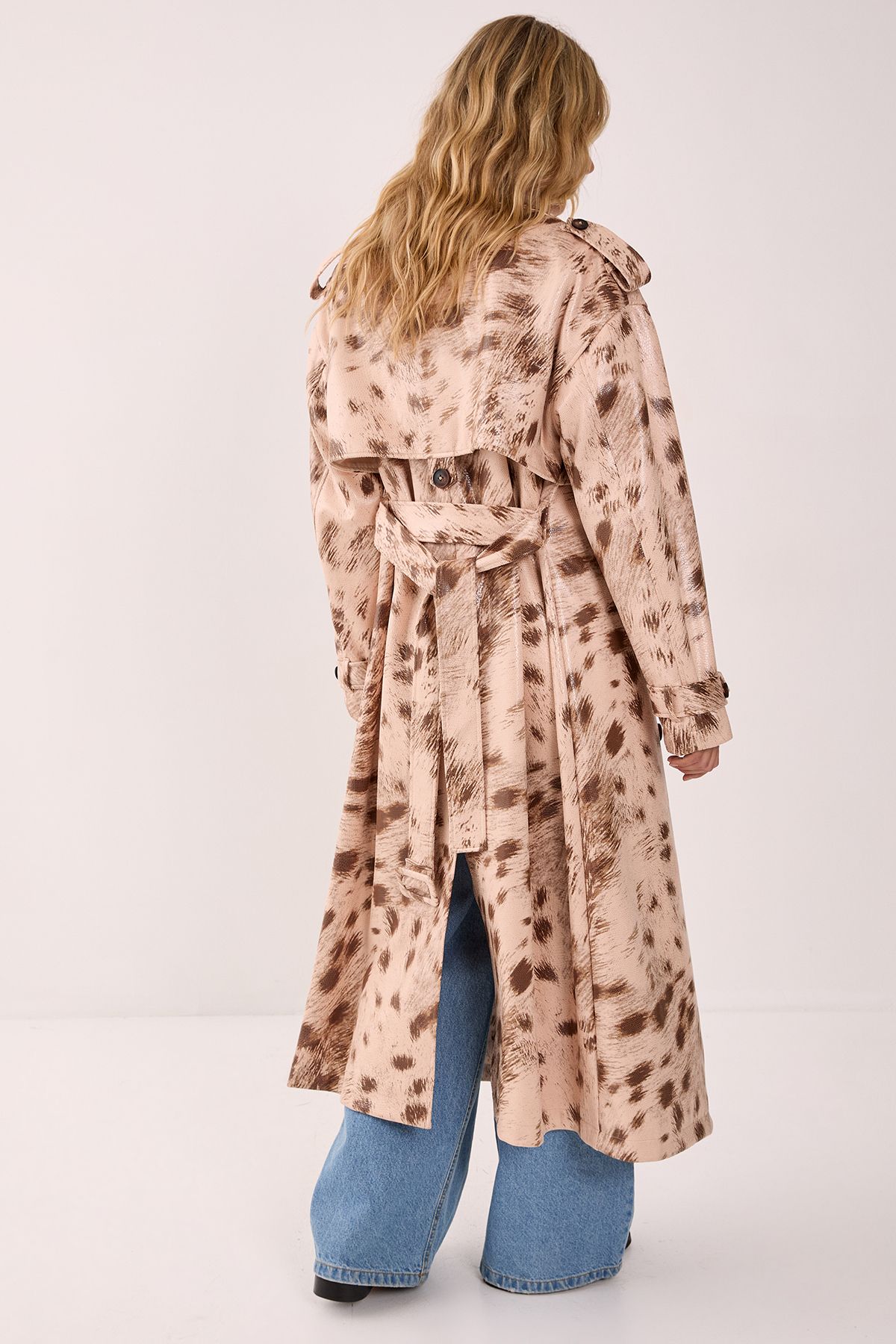 NastyGal Cow Print Faux Leather Trench Coat Cream image 3