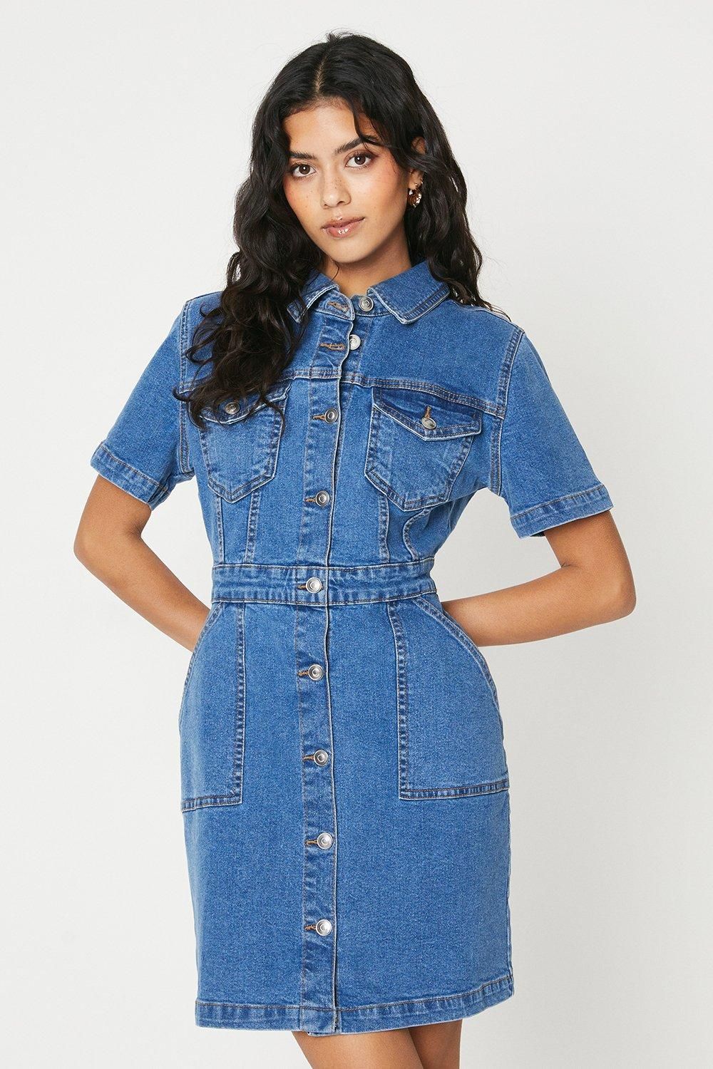 Dorothy Perkins Petite Denim Short Sleeve Mini Dress Mid Wash