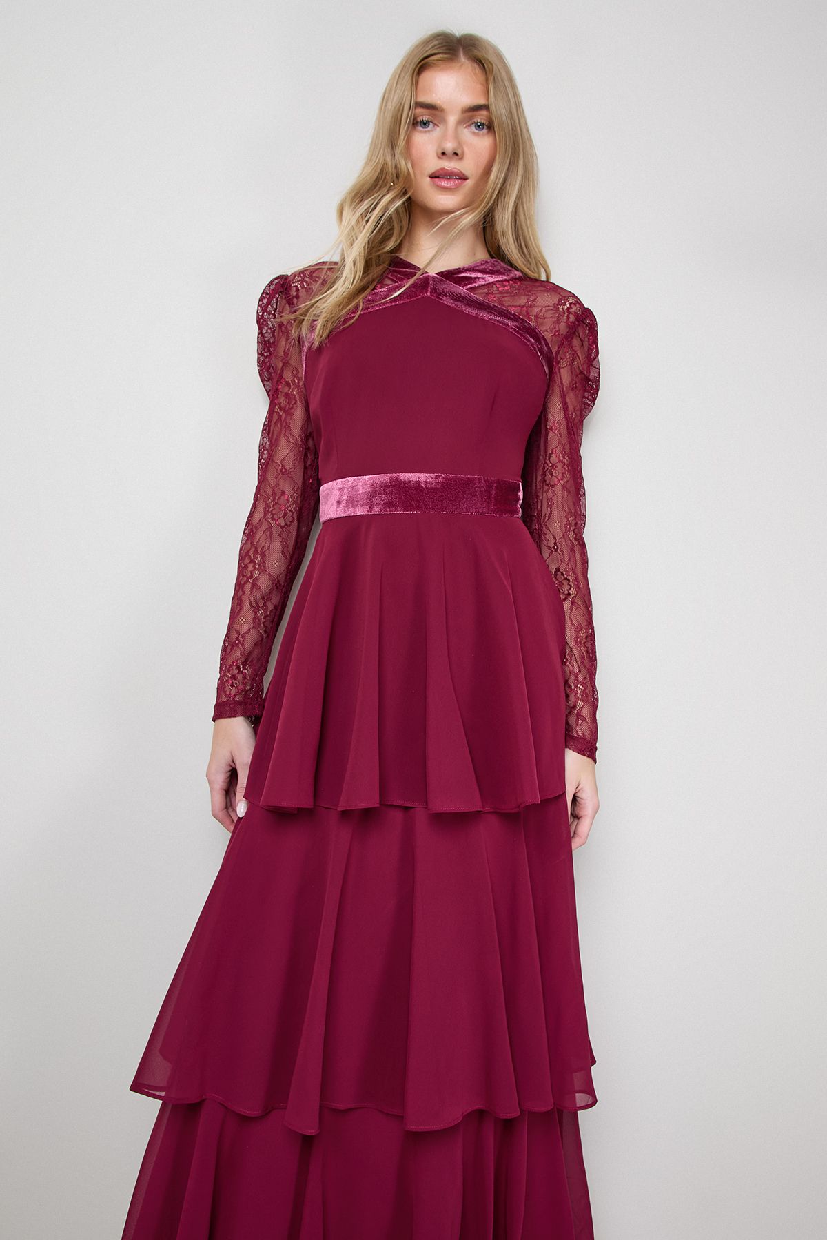 Oasis Lace Sleeve Tiered Maxi Dress Cherry image 2