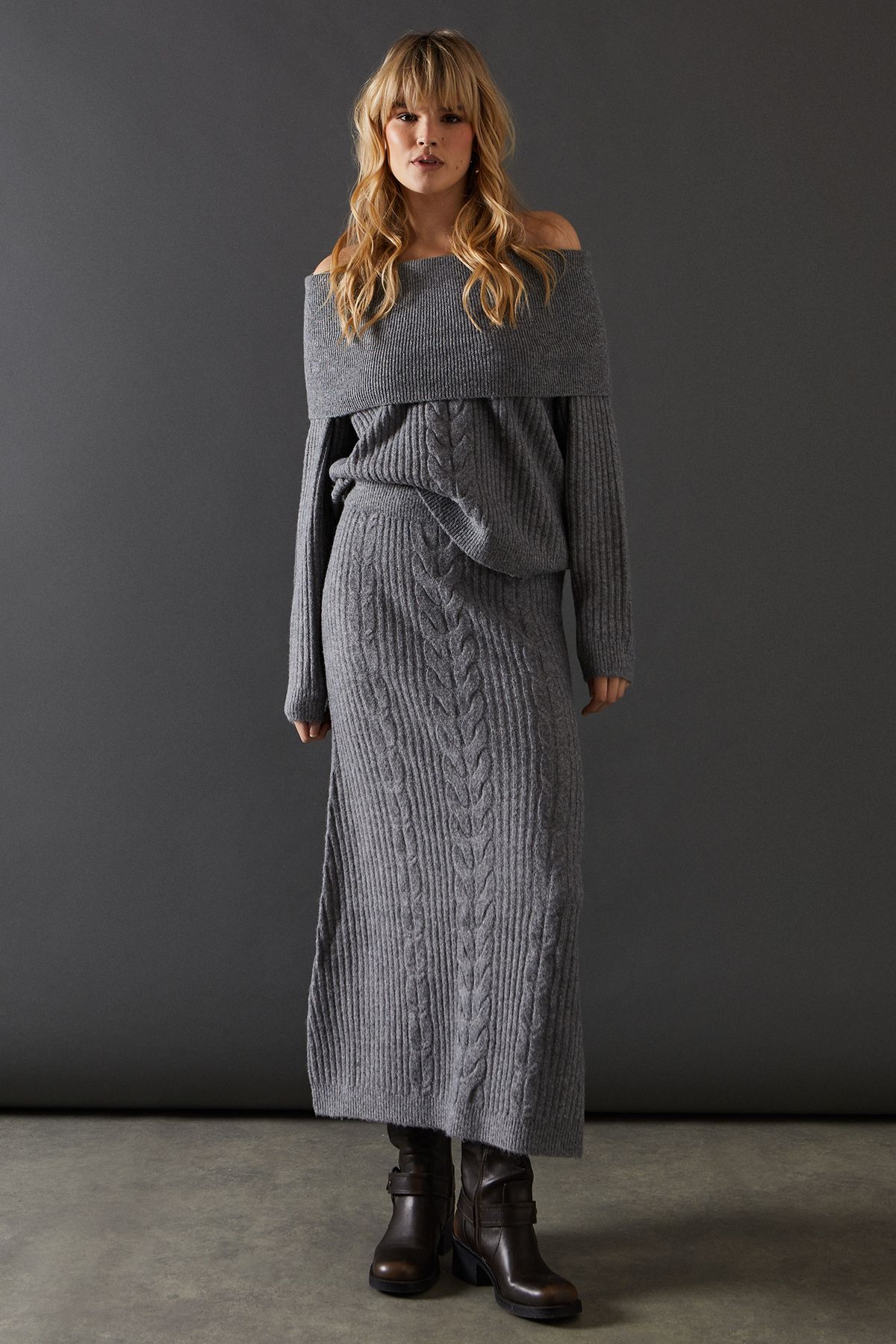 Warehouse Cable Front Slouchy Bardot Jumper Grey Marl image 4