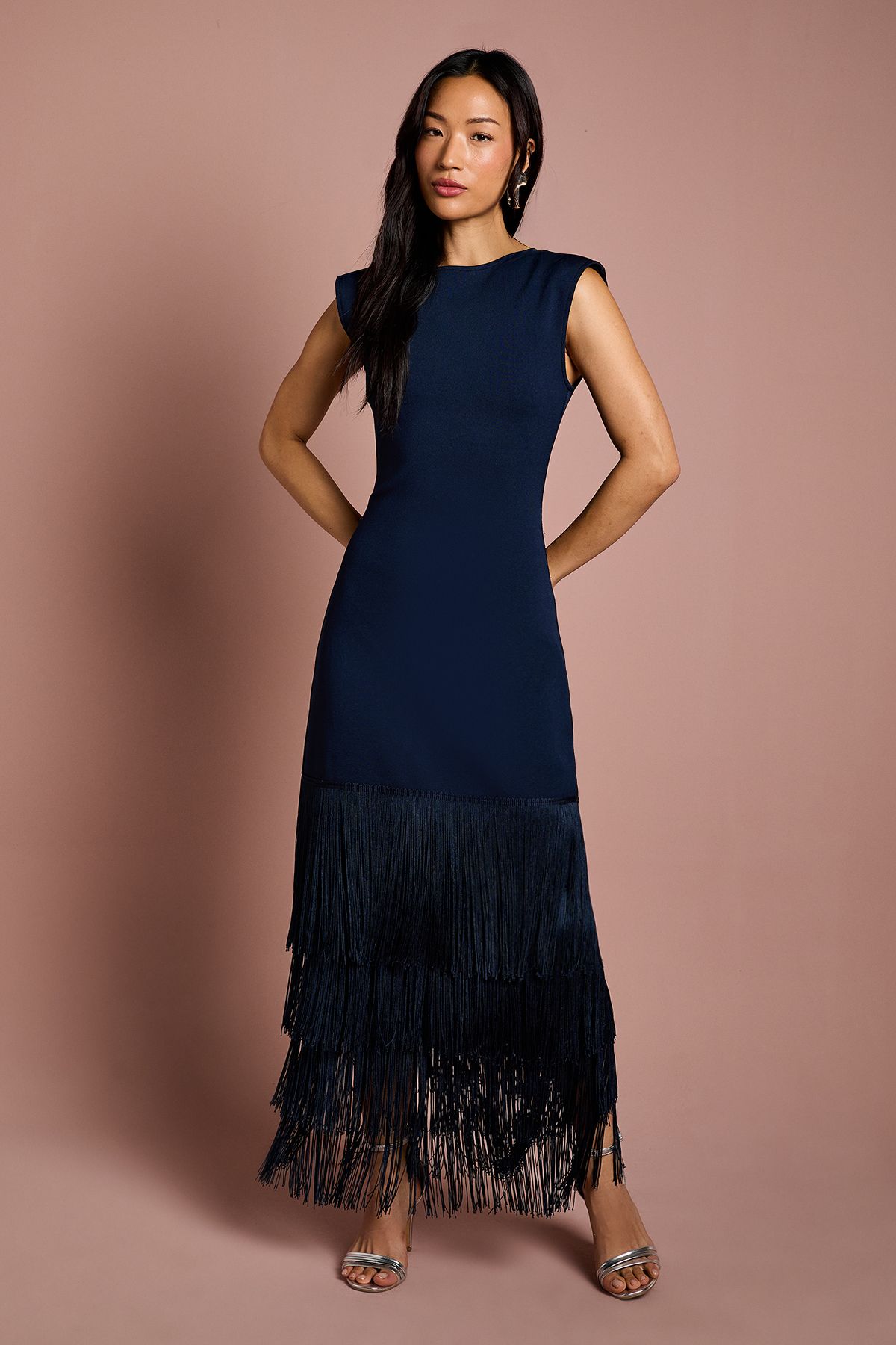 Coast Bandage Knit Fringed Hem Midi Dress Navy image 1