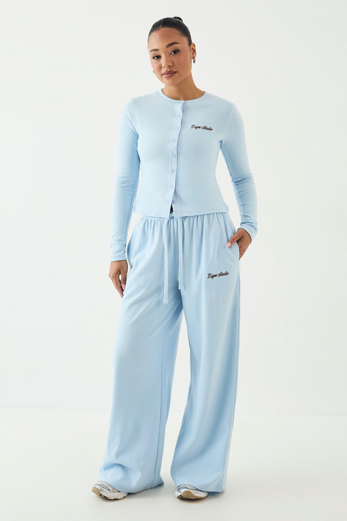 DSGN Studio DSGN Studio Ribbed Script Embroidery Button Through Long Sleeve Top Light Blue image 3