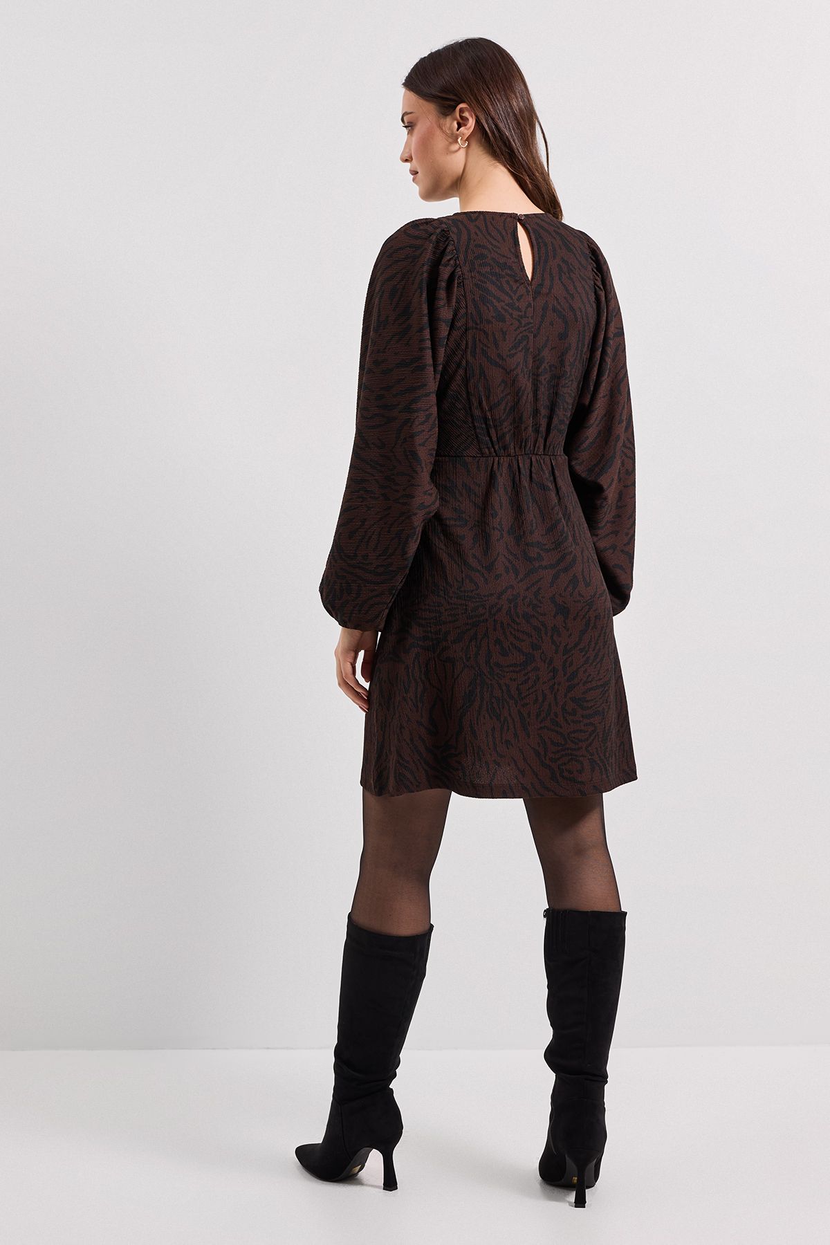 Dorothy Perkins Brown Animal Blouson Sleeve Printed Jersey Mini Dress Brown image 3