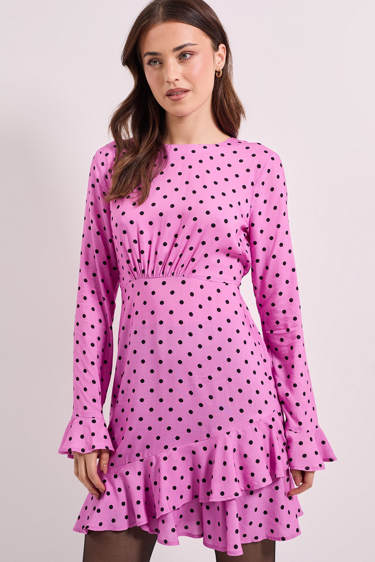 Dorothy Perkins Purple Spot Ruffle Sleeve Frill Detail Printed Mini Dress Purple image 2