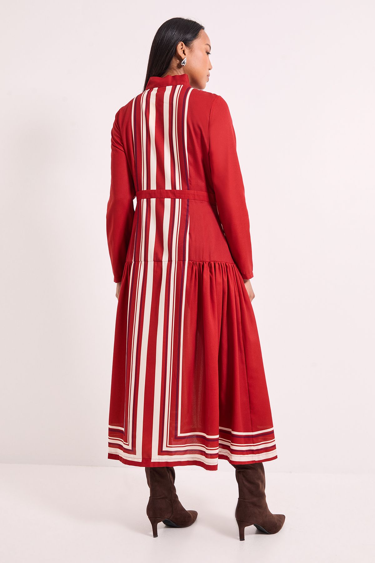 Principles Placement Print Tie Neck Yolk Detail Crepe Midi Dress Rust image 3