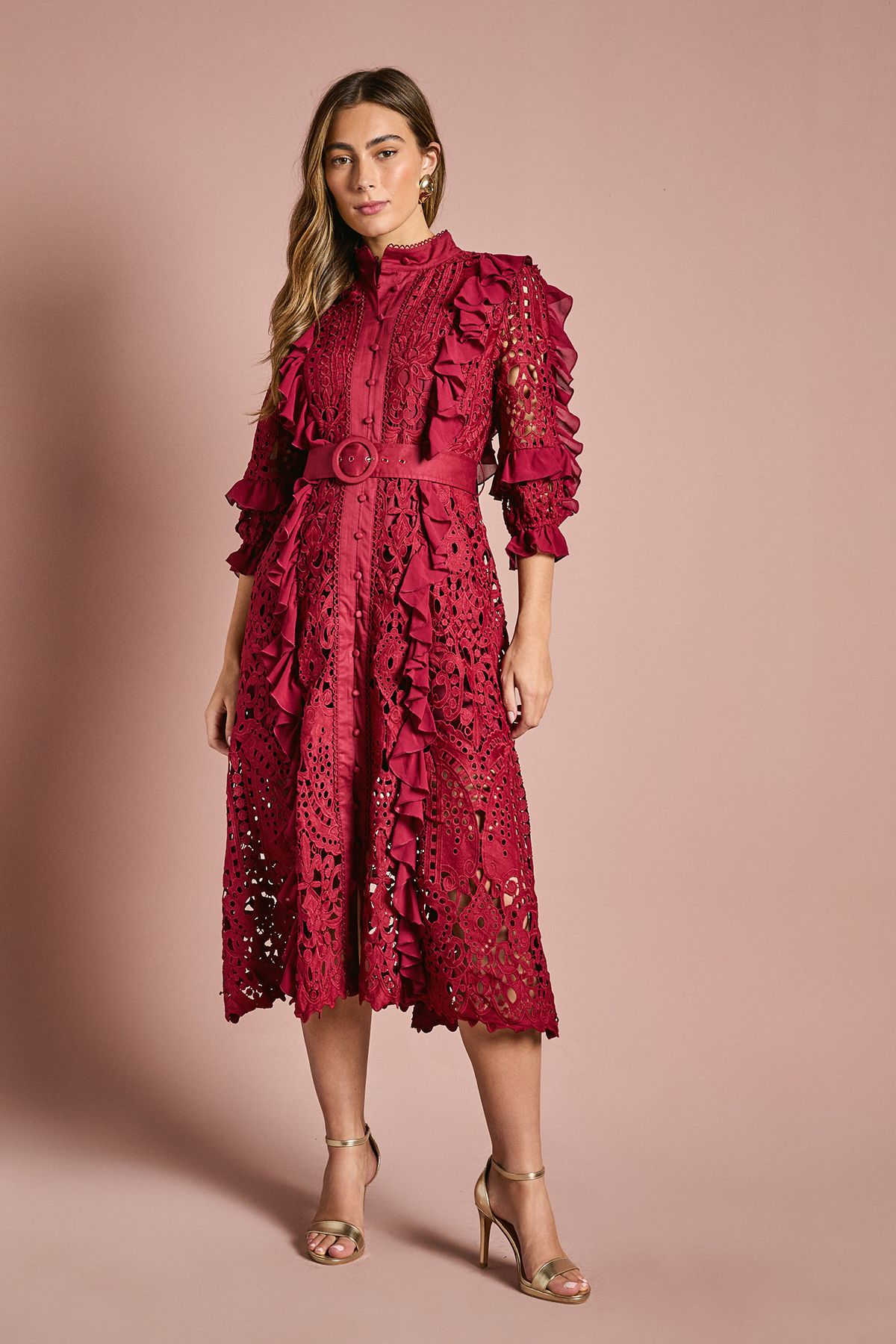 Coast Lace Ruffle Shirt Dress With Tie Burgundy image 1