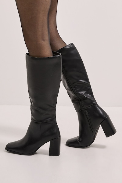 Dorothy Perkins Kristen Faux Leather Square Toe High Heel Knee Boots Black