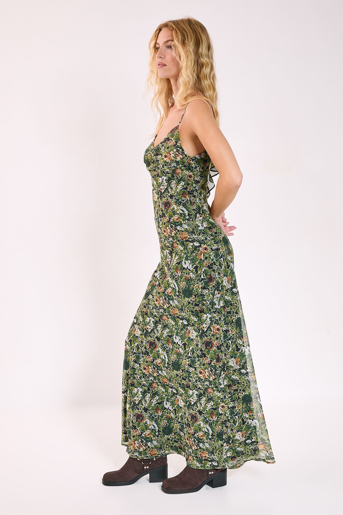 NastyGal Floral Chiffon Cowl Ruffle Split Maxi Dress Green image 2