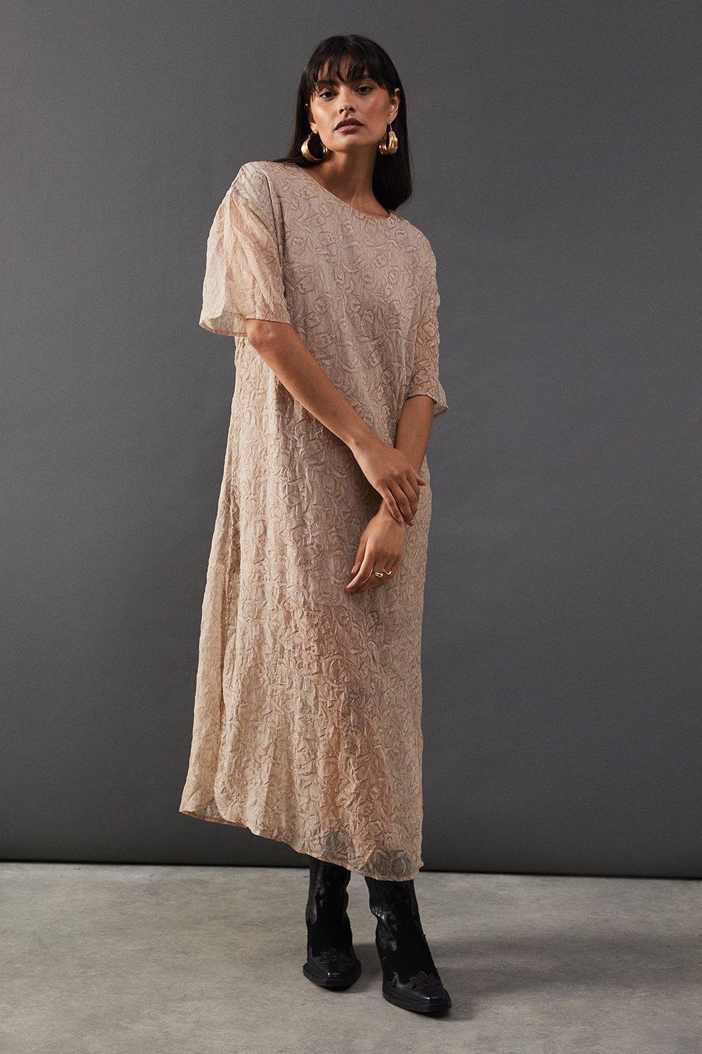 Warehouse Khaki Premium Tissue Organza Midaxi T-shirt Dress PLT