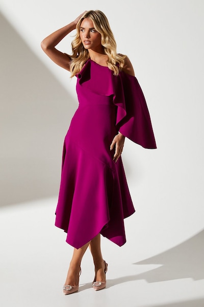 Coast Petite One Shoulder Ruffle Crepe Midi Wedding Guest Dress Berry