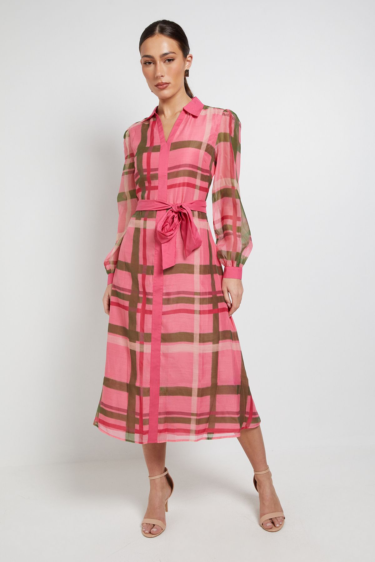 Principles Organza Volume Sleeve Midi Dress Pink