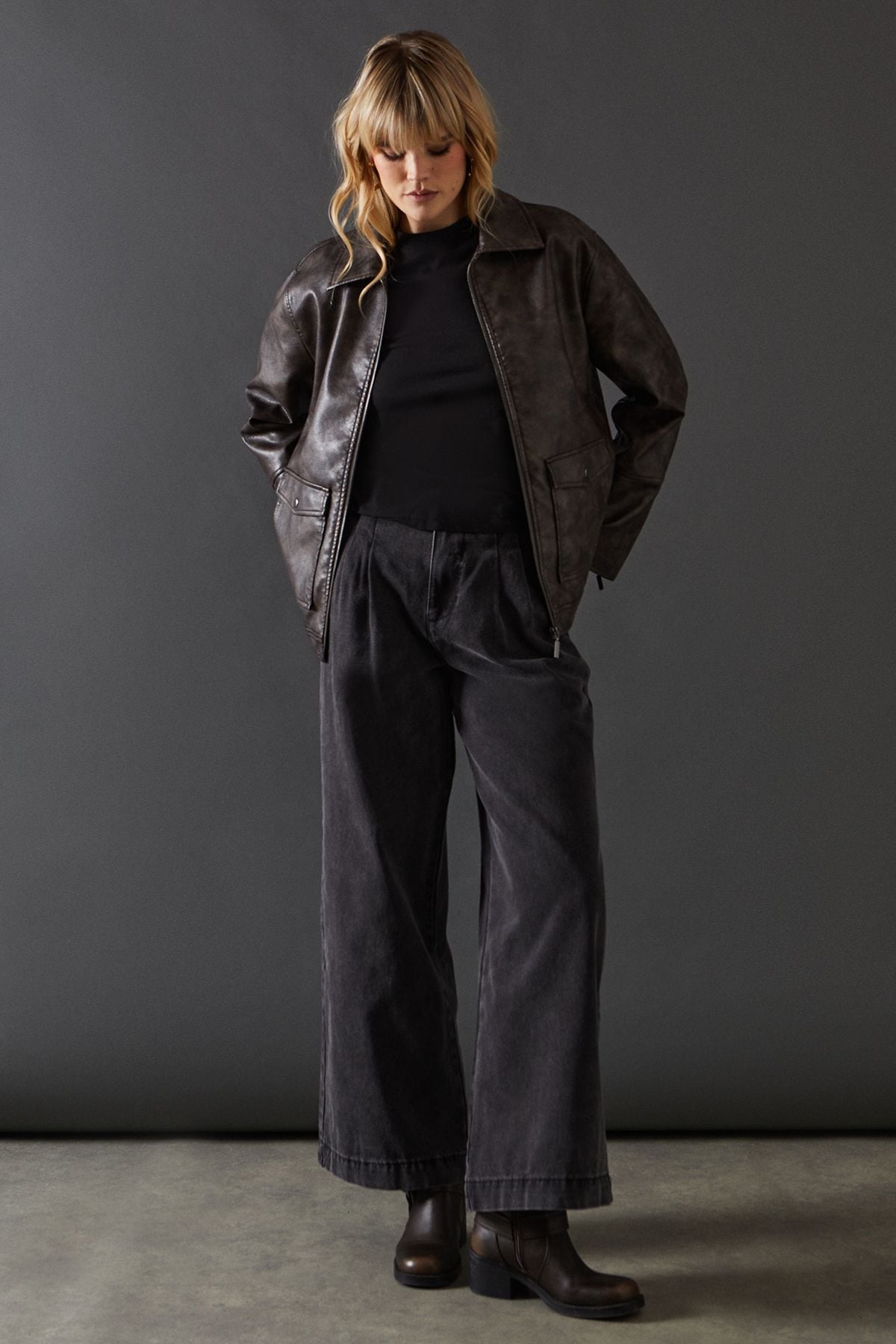 Warehouse Whipstitch Faux Leather Zip Through Jacket Dark Grey image 4