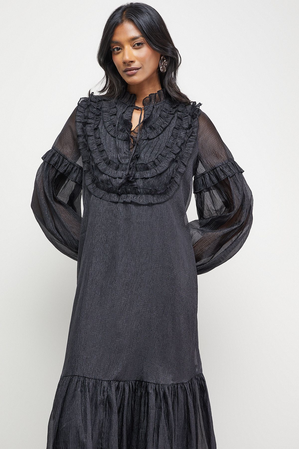 Warehouse Premium Crinkle Stripe Organza Frill Pleat Detail Midi Dress Black image 4