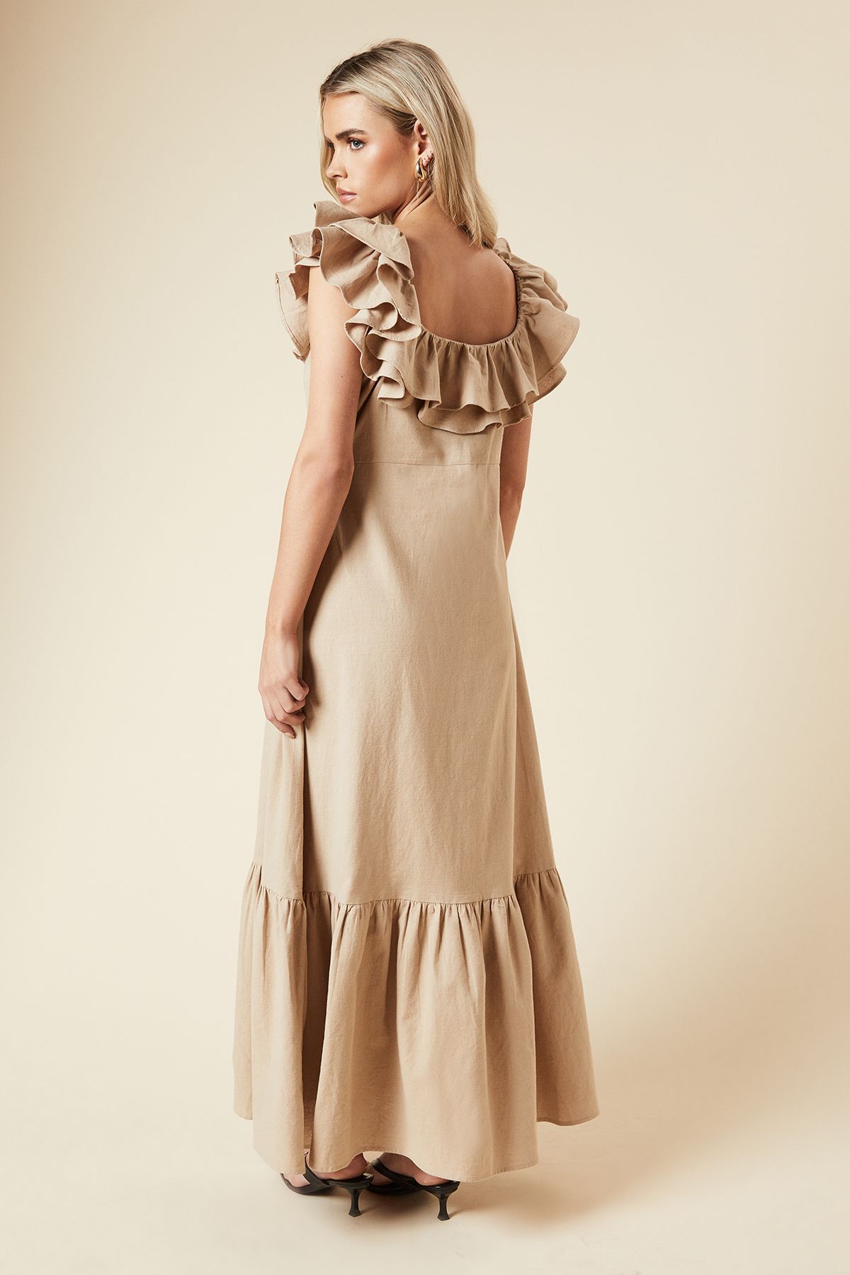 Dorothy Perkins Petite Ruffle Bardot Linen Midi Dress Taupe image 3