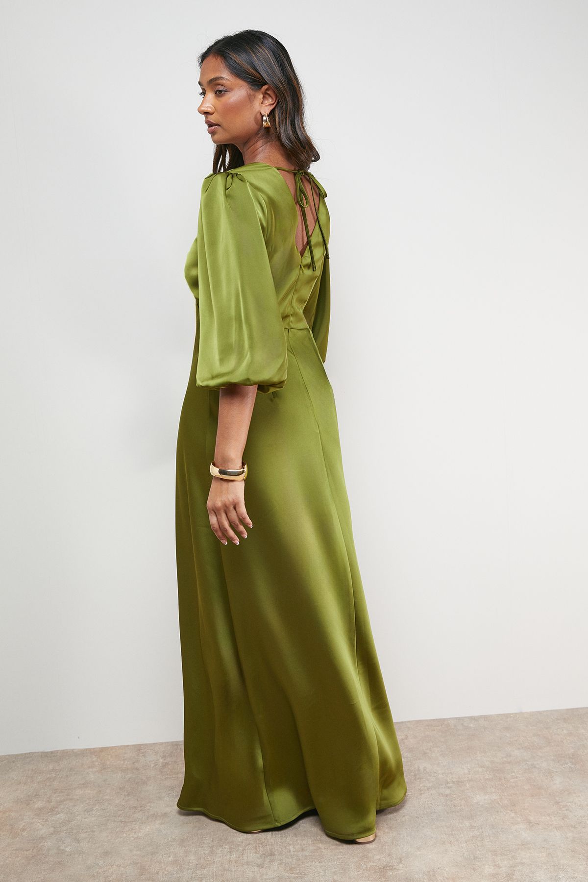 Oasis Satin V Neck Balloon Sleeve Bias Midi Dress Olive image 3
