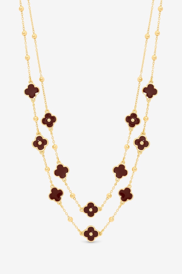 Mood Gold Polished & Burgundy Clover Double Row Necklace