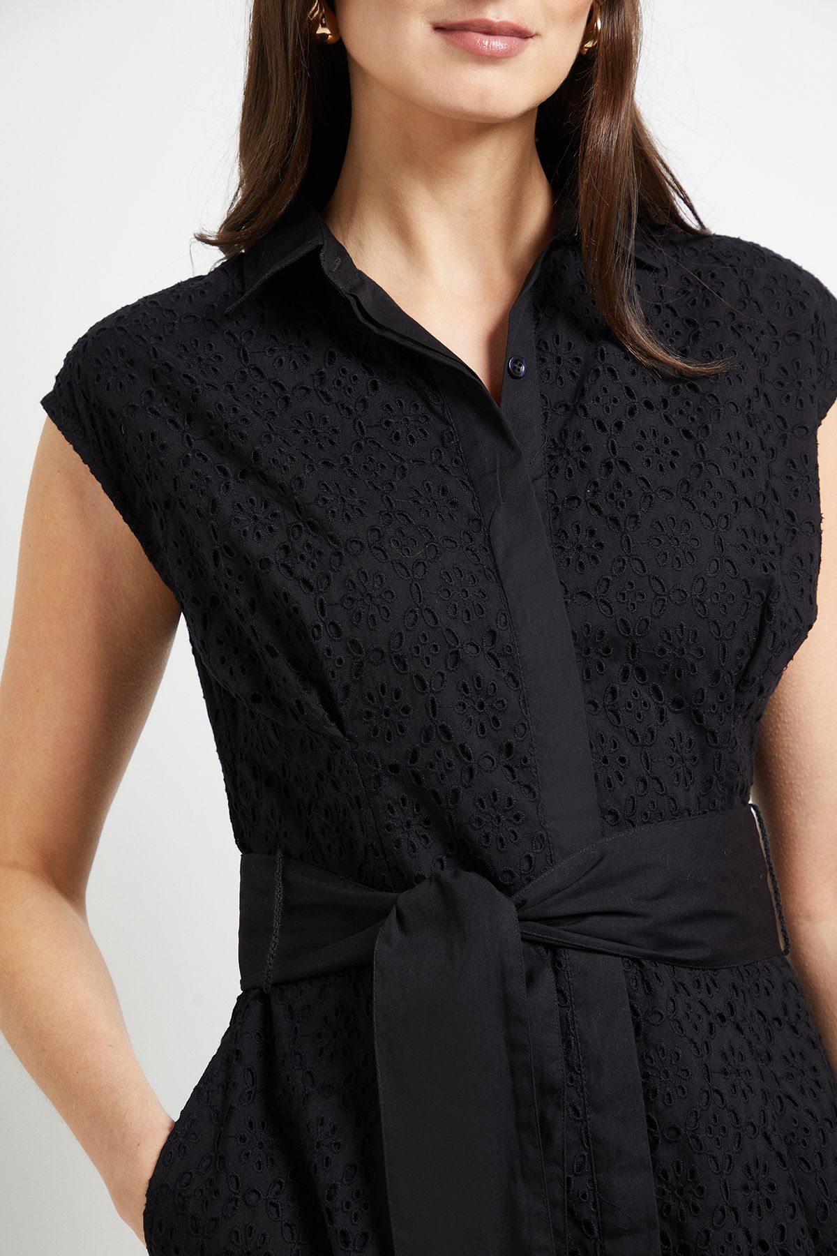 Principles Black Broderie Tie Waist Midi Shirt Dress Black image 5