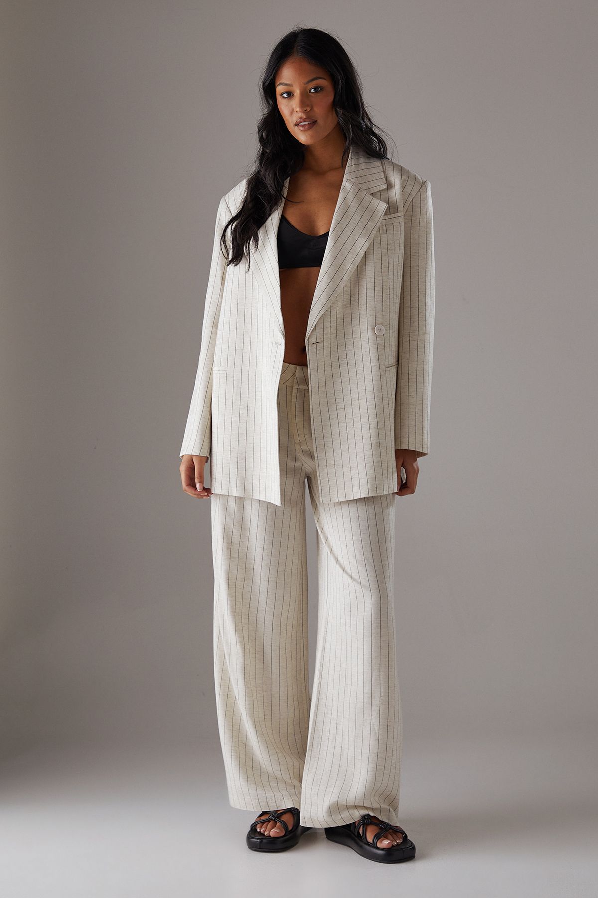 Warehouse Linen Look Pinstripe Blazer Natural