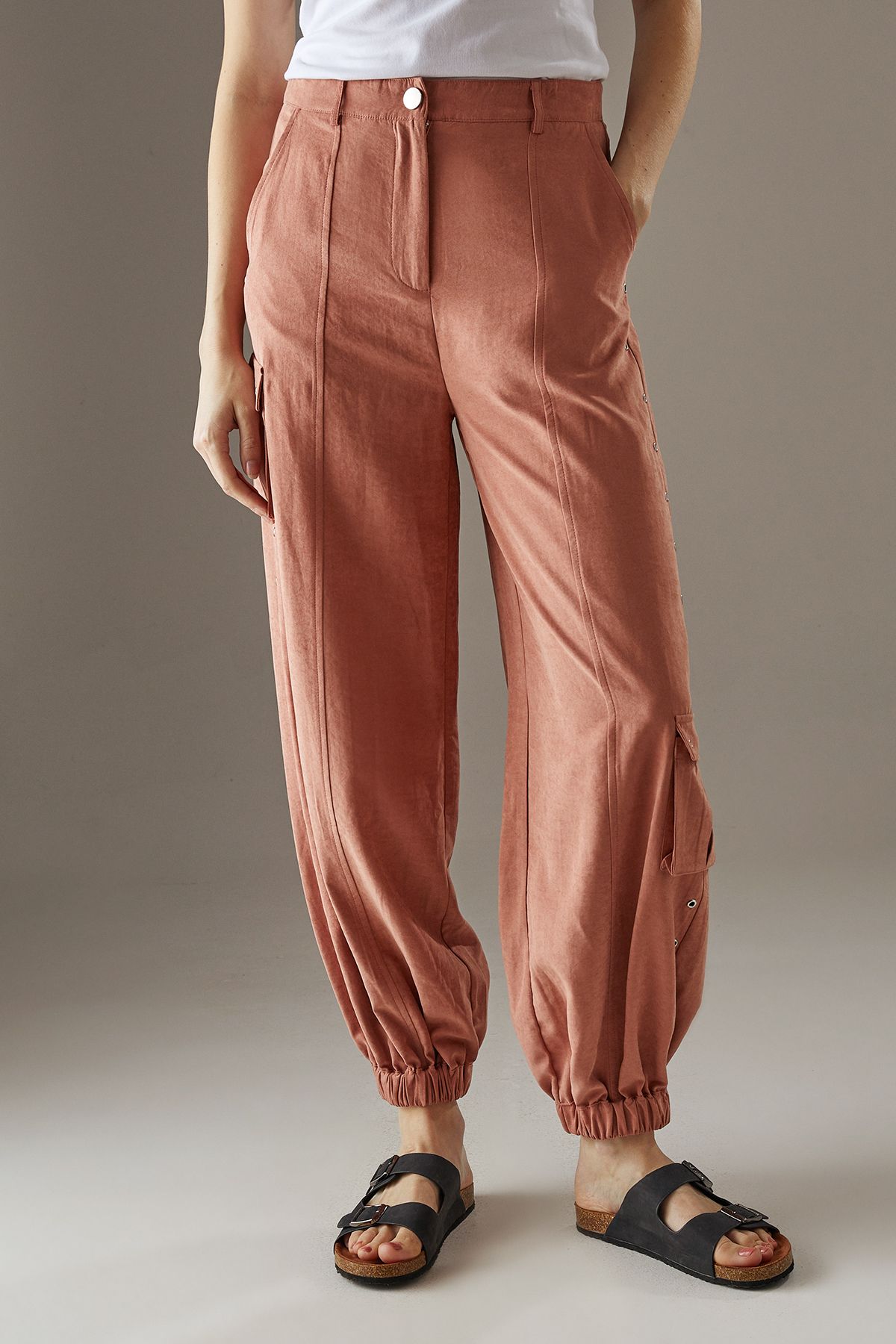 Warehouse Peach Satin Utility Eyelet Detail Cuffed Trousers Rust image 1