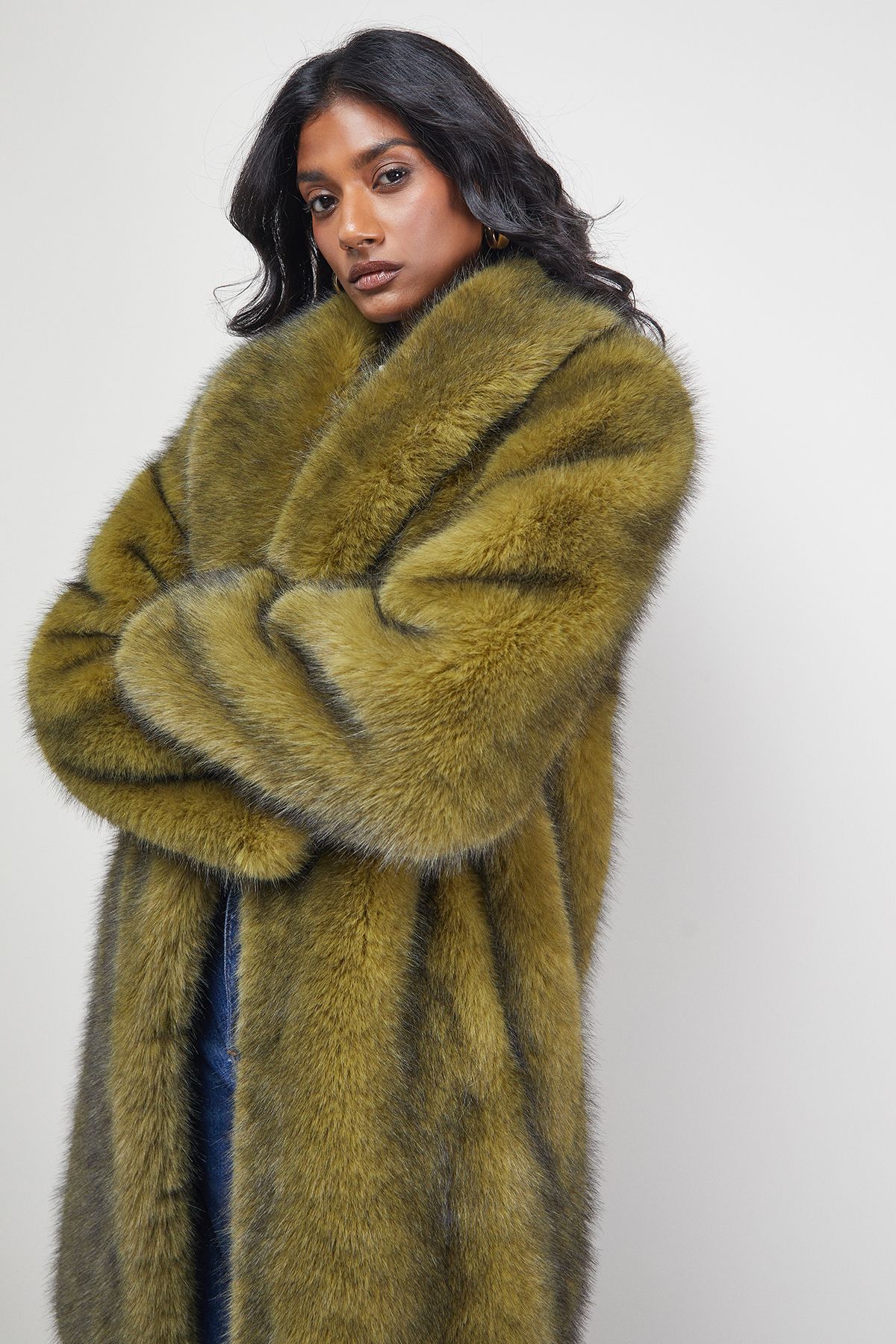 Warehouse Two Tone Luxe Faux Fur Coat Green image 4