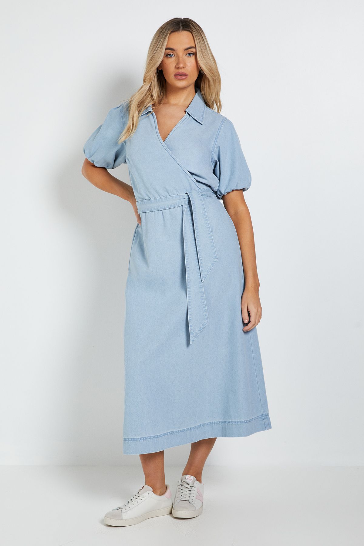 Dorothy Perkins Volume Sleeve Wrap Midi Denim Dress Light Wash