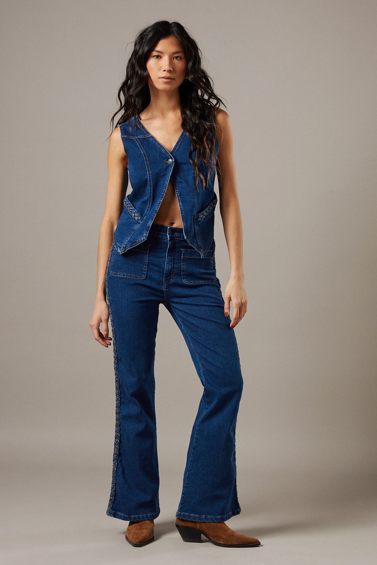 Warehouse High Waist Denim Bootcut With Patch Pockets Dark Wash image 2