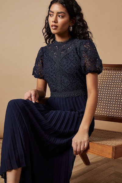 Oasis Petite Lace Puff Sleeve Pleated Midi Dress Navy