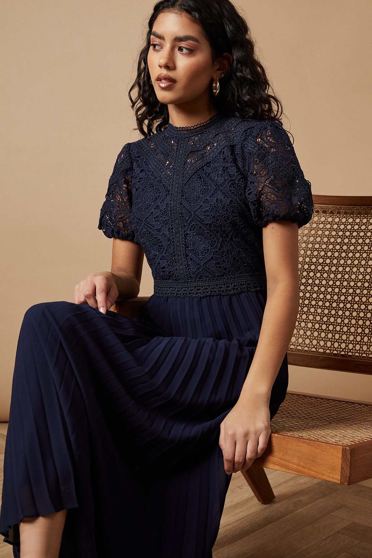 Oasis Petite Lace Puff Sleeve Pleated Midi Dress Navy