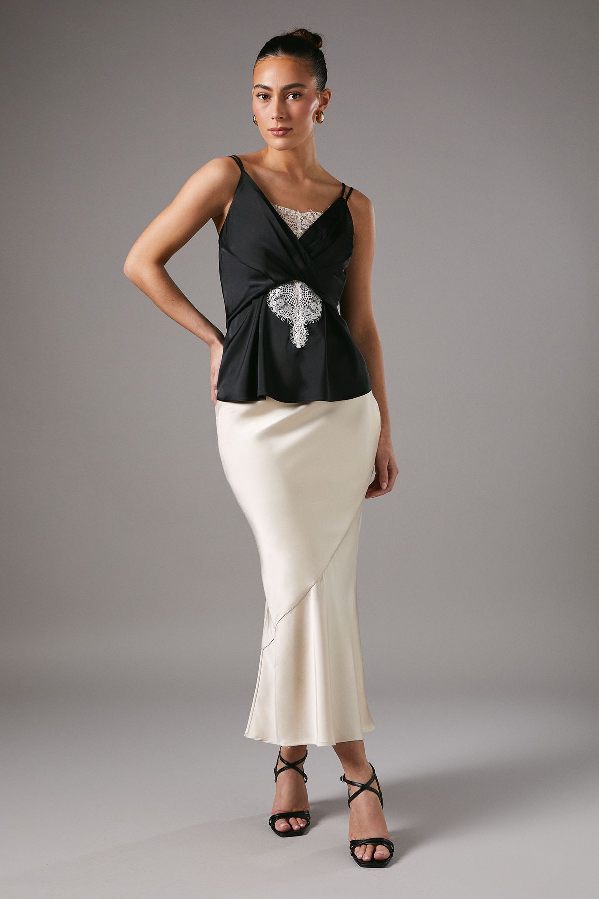 Coast Lace Insert Wrap Front Satin Vest Black/nude image 1