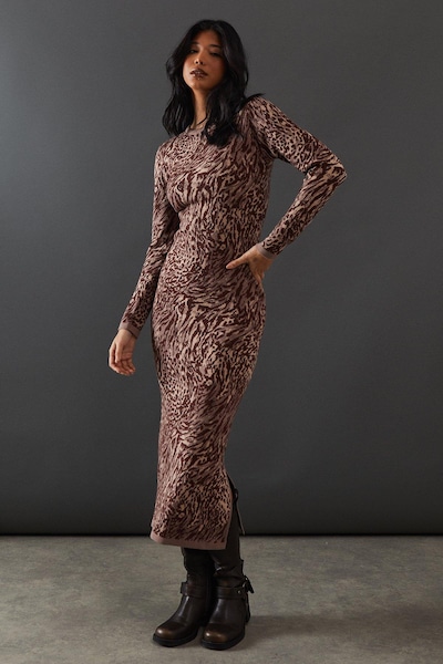 Warehouse Animal Jacquard Slouchy Knitted Midaxi Dress Animal
