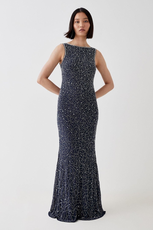 Coast Cowl Back Fishtail Sequin Maxi Dress Silver