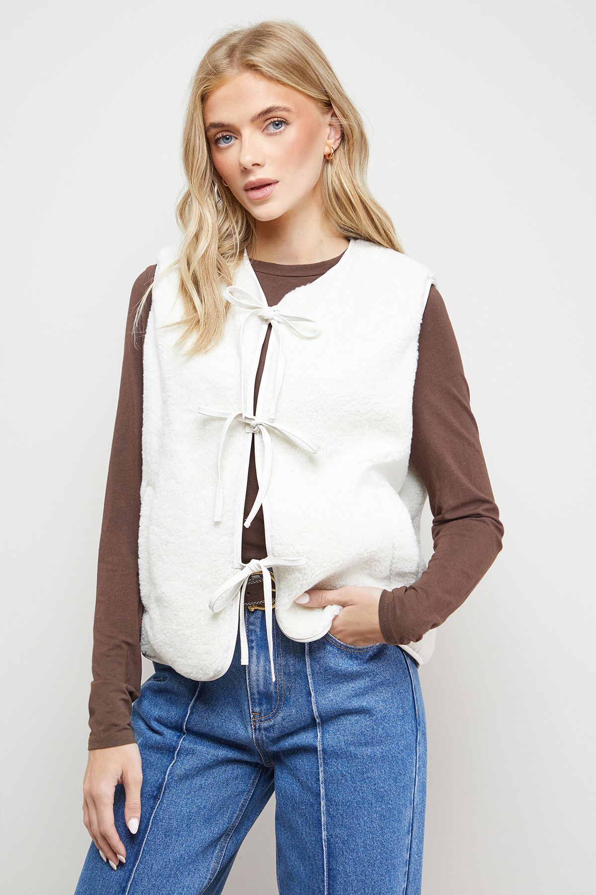 Oasis Faux Fur Gilet With Pu Binding Ivory image 2