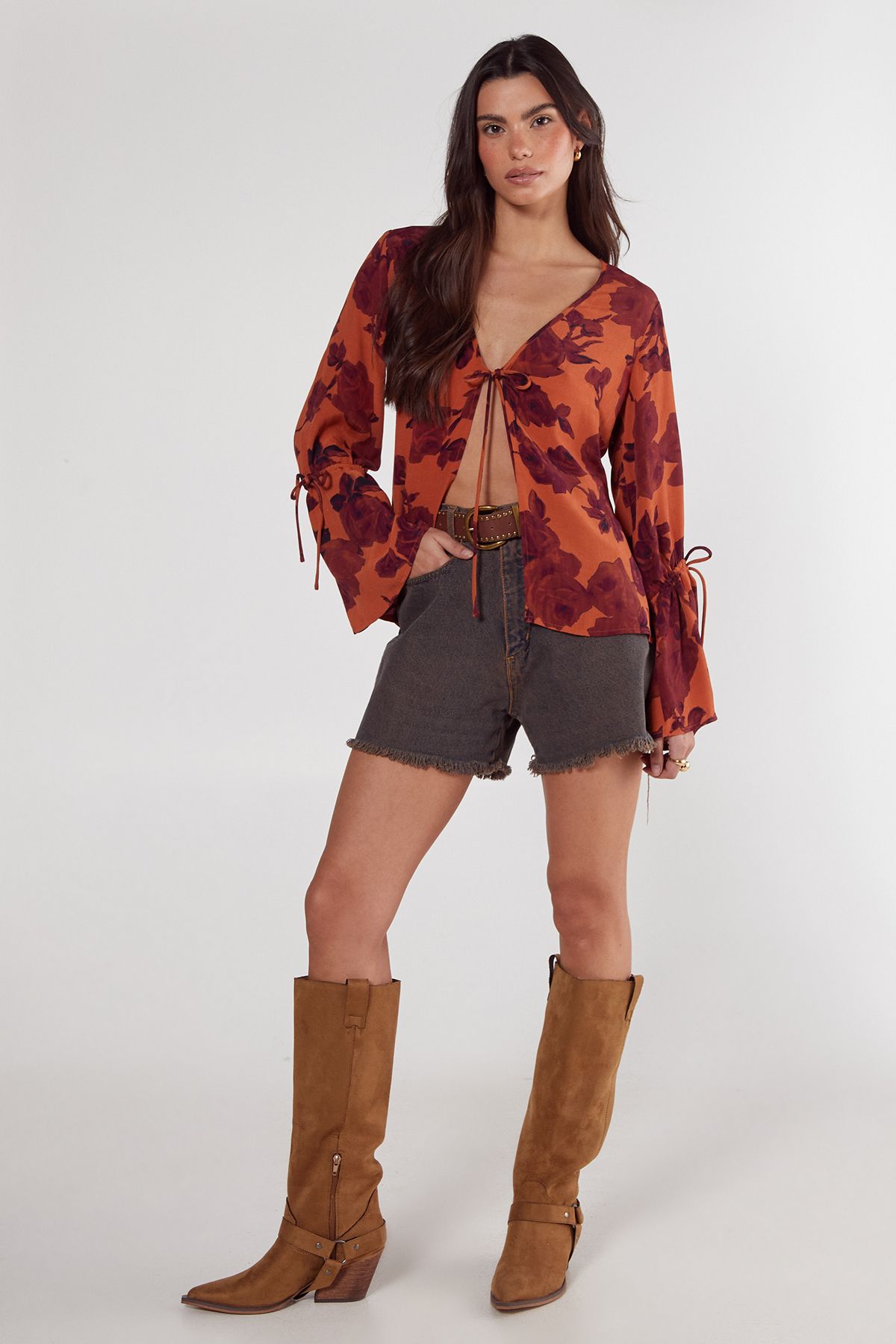 NastyGal Vintage Floral Tie Detail Fluted Sleeve Top Rust image 2