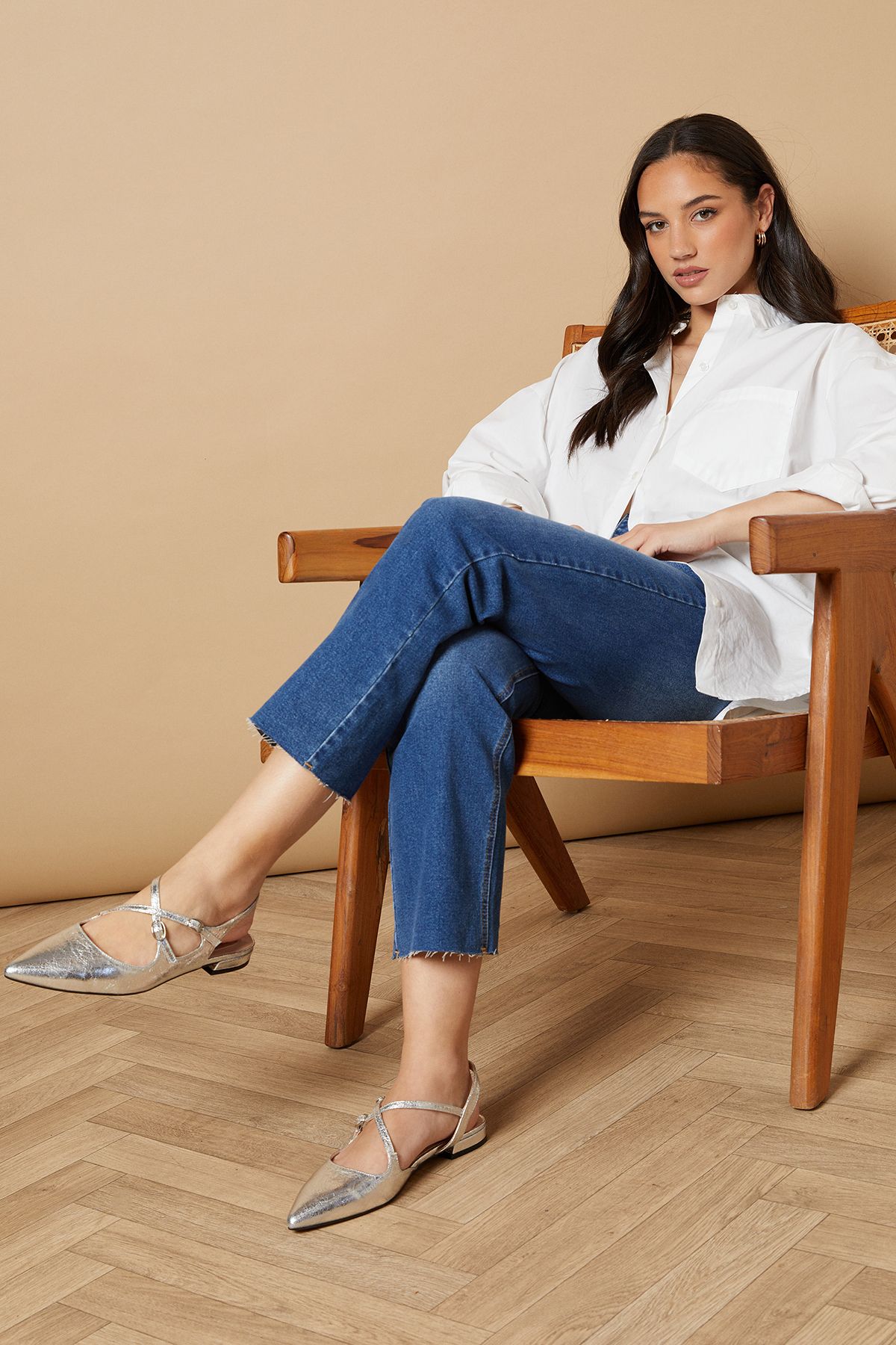 Oasis Anthea Faux Leather Pointed Cross Strap Flat Ballet Pumps Silver image 1