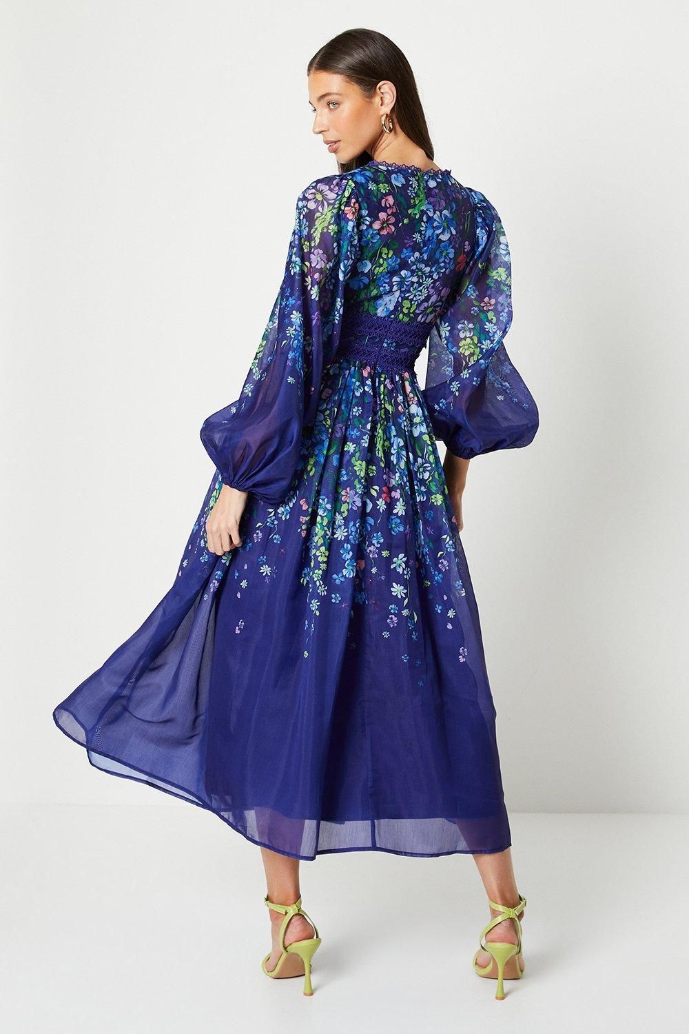 Coast Organza Floral Placement Lace Trim Midaxi Dress Navy image 3