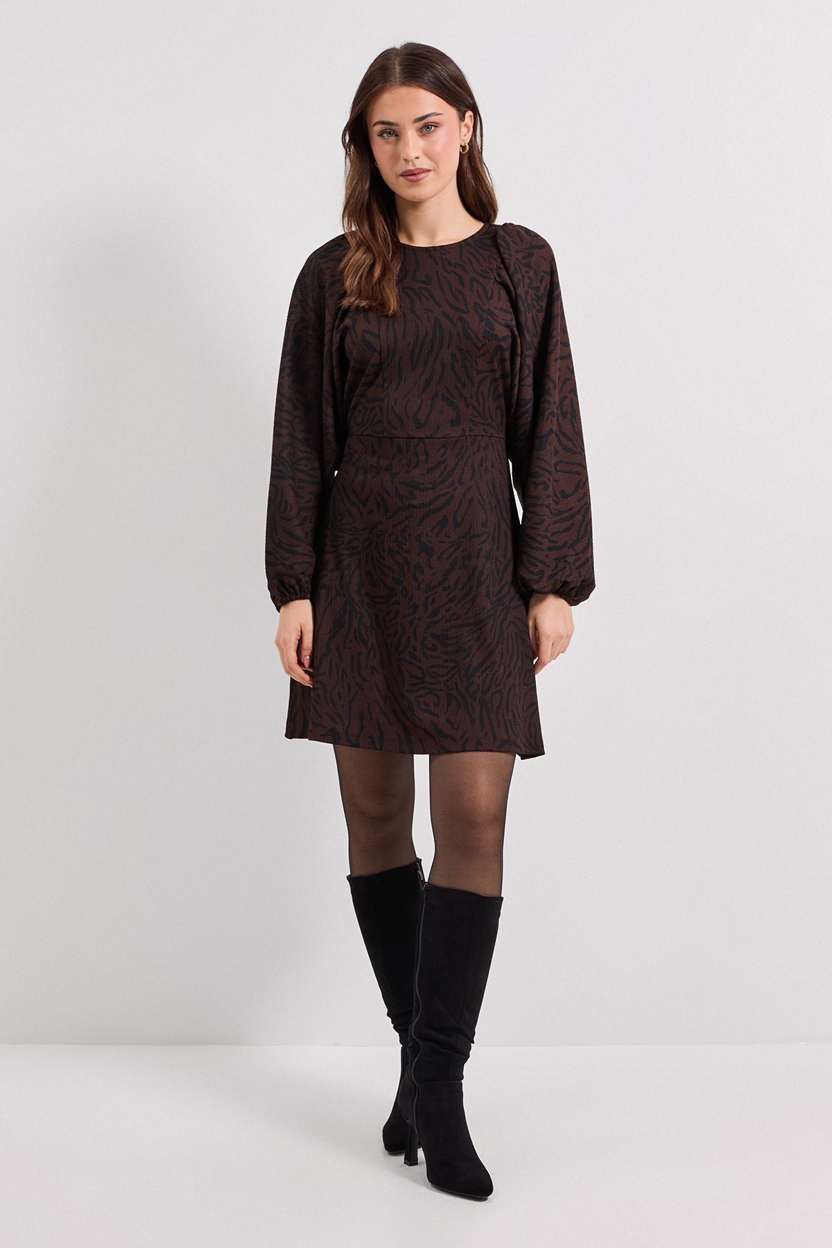 Dorothy Perkins Brown Animal Blouson Sleeve Printed Jersey Mini Dress Brown image 2
