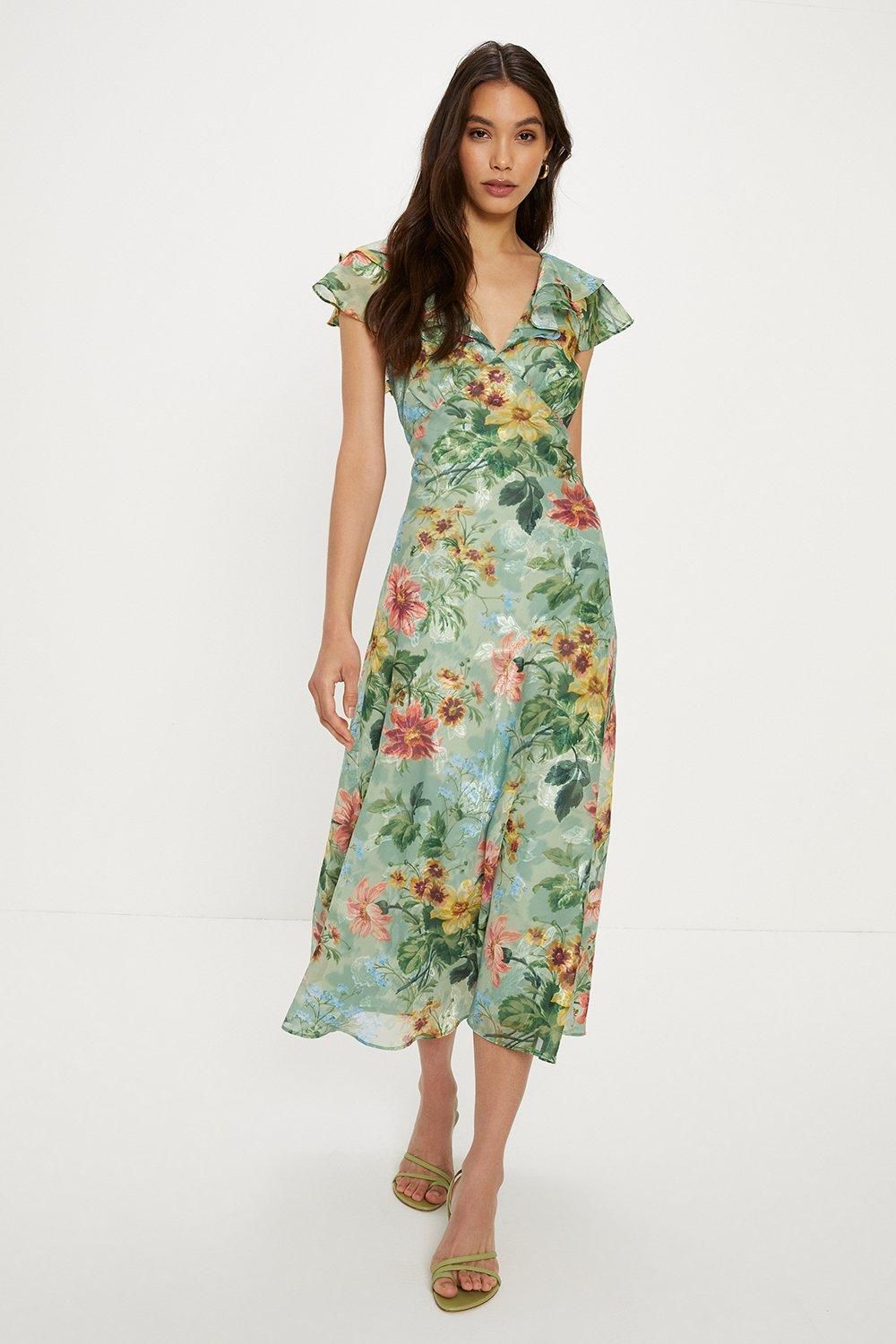 Oasis Soft Floral Satin Burnout Ruffle Midi Dress Sage image 2