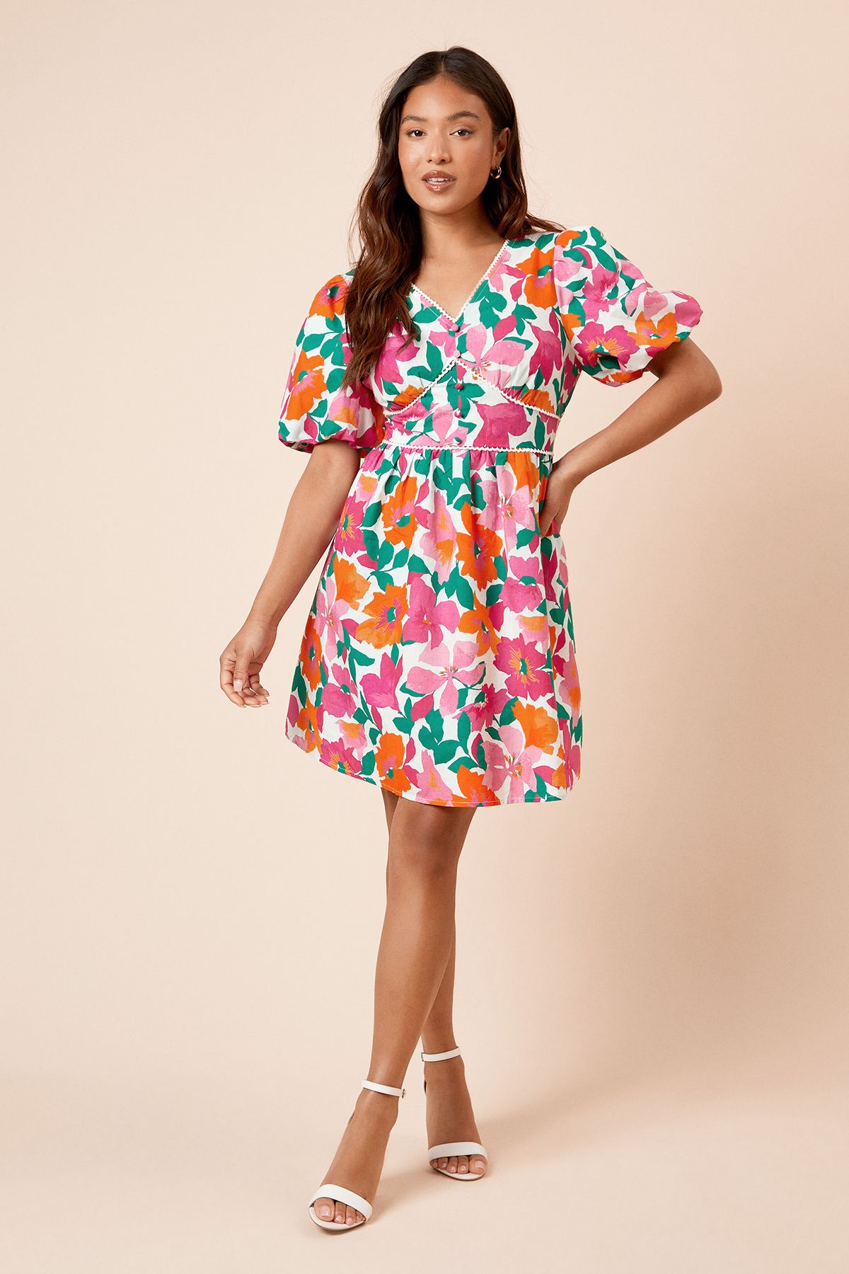 Dorothy Perkins Petite Floral Trim Detail Puff Sleeve Mini Dress Floral image 1
