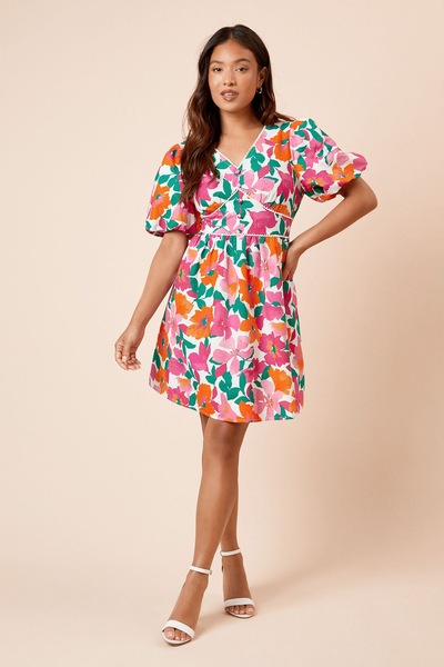 Dorothy Perkins Petite Floral Trim Detail Puff Sleeve Mini Dress Floral