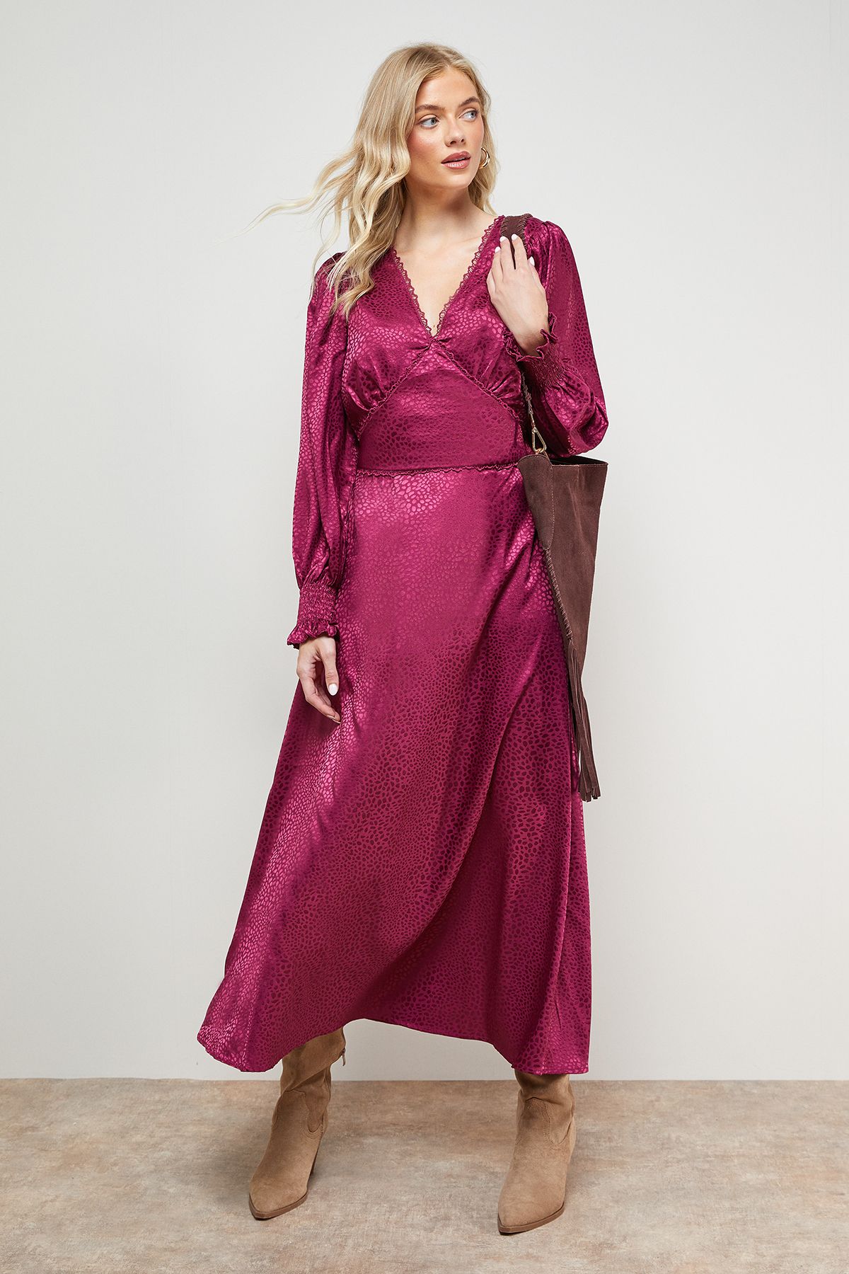 Oasis Jacquard Satin Midi Dress Berry image 1