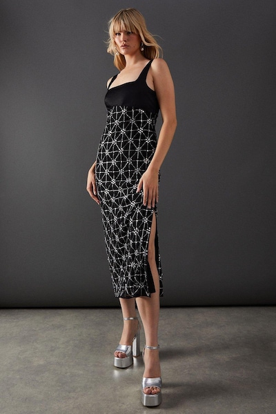 Warehouse Premium Embellished Sequin Square Neck Midi Dress Black