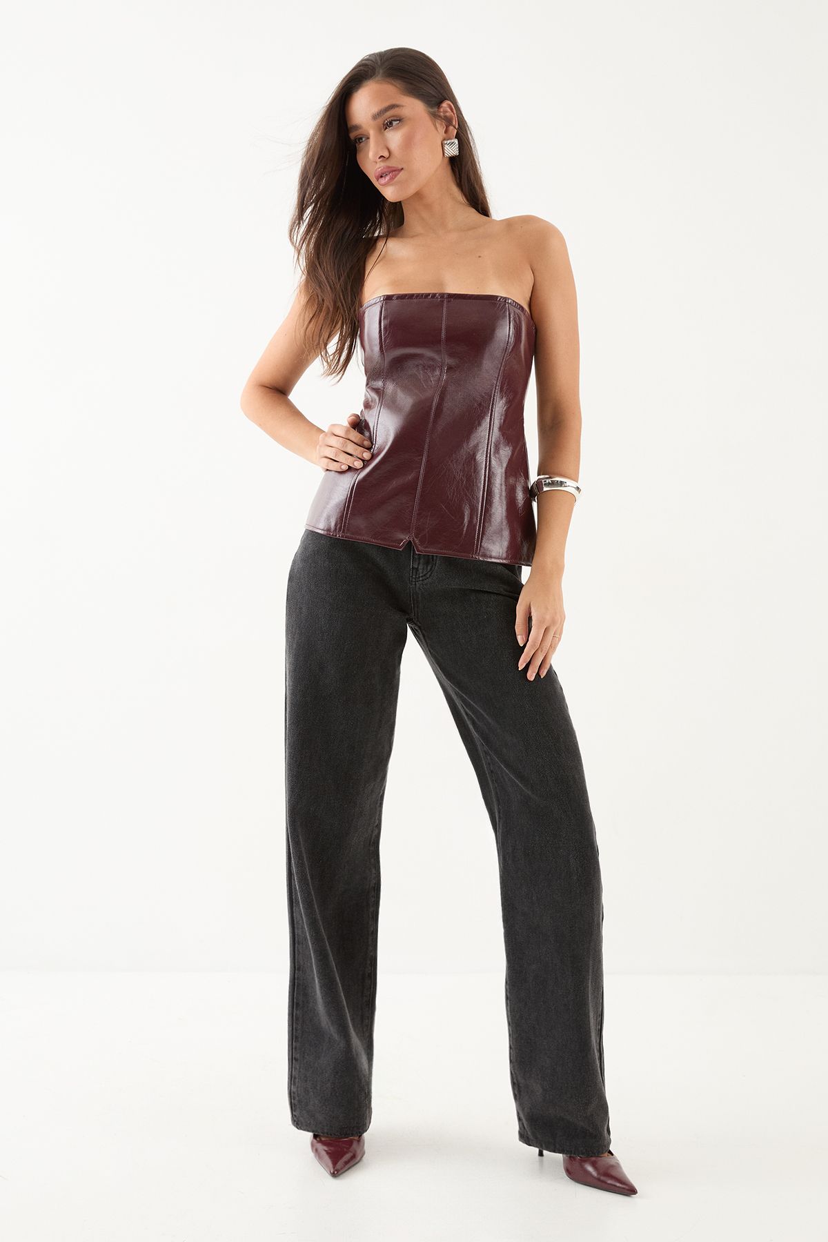 MissPap Tailored Faux Leather Bandeau Top Wine image 2